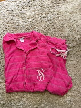 Victoria's Secret Hot Pink Striped Button-Up Pajama Set